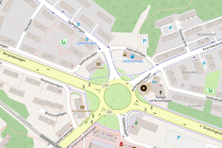 Karta över Sorbons läge vid Brommaplan, Kvarnbacksvägen 135, 168 74 Bromma